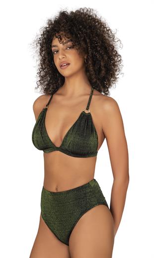 Endeep Kadın Halka Aksesuarlı Yüksel Bel Simli Bikini Takımı