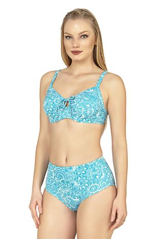 Endeep Kadın Balenli Destekli Şal Desen Yüksek Bel Bikini Takımı