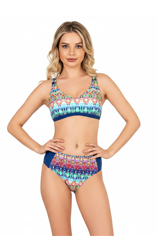 Endeep Beria Kadın Mavi Etnik Desenli Toparlayıcı Askılı Bikini Takımı