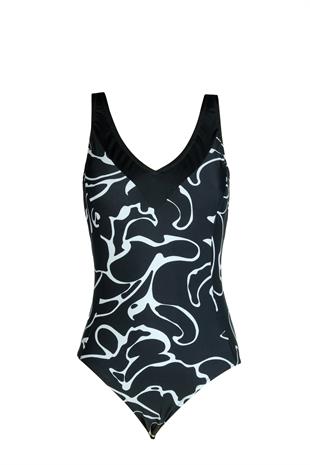 Endeep Beria Kadın Siyah Beyaz Desenli V Yaka Toparlayıcı Mayo