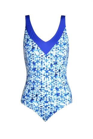 Beria Kadın Mavi Desenli V Yaka Toparlayıcı Mayo