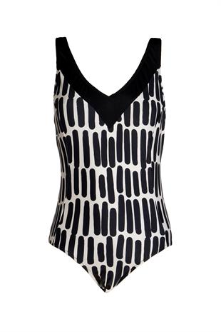 Beria Kadın Siyah Beyaz Şerit Desenli V Yaka Toparlayıcı Mayo