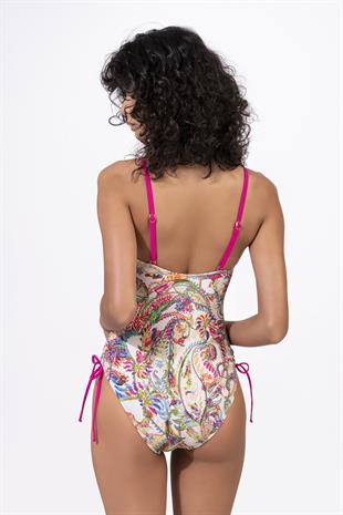 Endeep Kadın Desenli Özel Lurex Kumaşlı Bağcık Detaylı Toparlayıcı Mayo