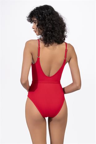 Endeep Kadın Halka Aksesuarlı Dokulu Kumaş Kırmızı Toparlayıcı Mayo