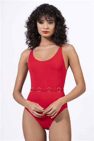 Endeep Kadın Halka Aksesuarlı Dokulu Kumaş Kırmızı Toparlayıcı Mayo