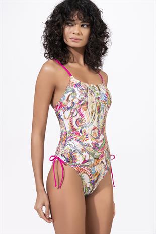 Endeep Kadın Desenli Özel Lurex Kumaşlı Bağcık Detaylı Toparlayıcı Mayo