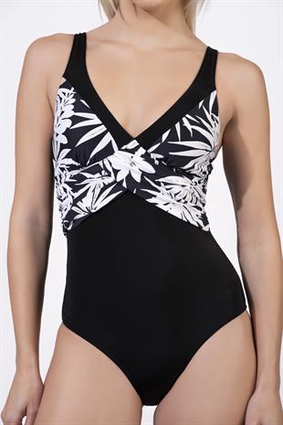 Endeep Kadın Çiçek Desenli Çapraz Detaylı Toparlayıcı Siyah Mayo