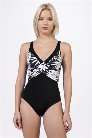 Endeep Kadın Çiçek Desenli Çapraz Detaylı Toparlayıcı Siyah Mayo