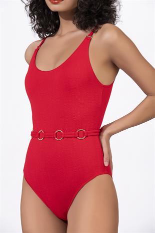 Endeep Kadın Halka Aksesuarlı Dokulu Kumaş Kırmızı Toparlayıcı Mayo