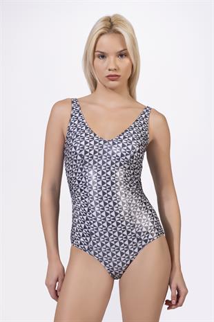 Endeep Beria Kadın Büyük Beden Kuplu Drapeli Parlak Geometrik Desenli Toparlayıcı Mayo