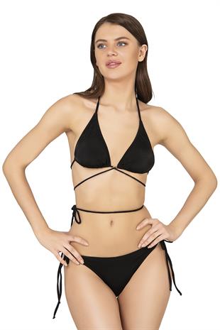 Beria Kadın Çapraz Bağlama Detaylı Üçgen İpli Siyah Bikini Takımı