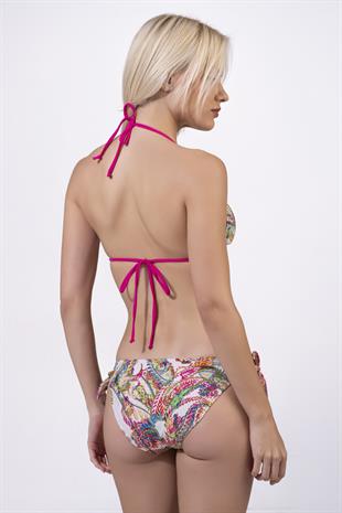 Endeep Kadın Desenli Özel Lurex Kumaşlı Bağlama Detaylı Üçgen Bikini Takımı