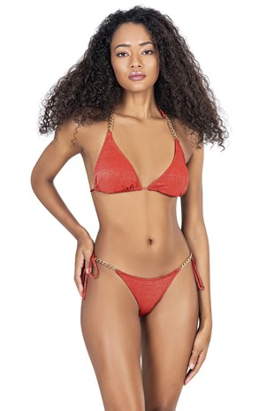 Endeep Kadın Zincir Aksesuarlı Üçgen Kırmızı Bikini Takımı