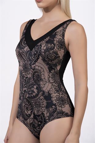 Endeep Kadın V Yaka Kahve Desenli Varaklı Toparlayıcı Mayo