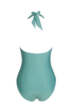 Endeep Kadın Büzgü Detaylı Yeşil Simli Mayo