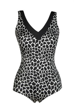 Endeep Kadın V Yaka Siyah Beyaz Desenli Toparlayıcı Mayo