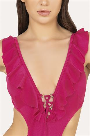 Endeep Kadın Fırfırlı V Kesim Aksesuarlı Fuşya Mayokini