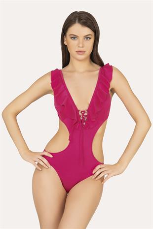 Endeep Kadın Fırfırlı V Kesim Aksesuarlı Fuşya Mayokini