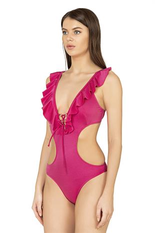 Endeep Kadın Fırfırlı V Kesim Aksesuarlı Fuşya Mayokini