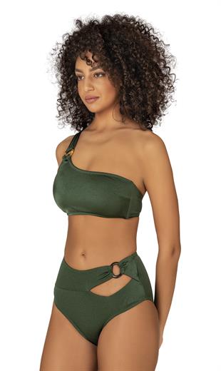 Endeep Kadın Halka Aksesuarlı Tek Omuz Yeşil Bikini Takımı