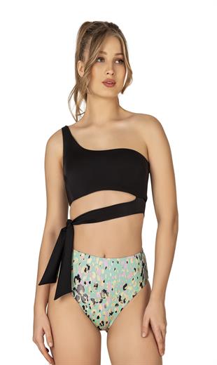 Endeep Kadın Yüksek Bel Yan Bağlama Detaylı Yeşil Desenli Bikini Takımı