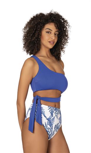 Endeep Kadın Yüksek Bel Yan Bağlama Detaylı Mavi Desenli Bikini Takımı
