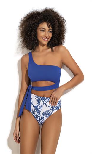 Endeep Kadın Yüksek Bel Yan Bağlama Detaylı Mavi Desenli Bikini Takımı