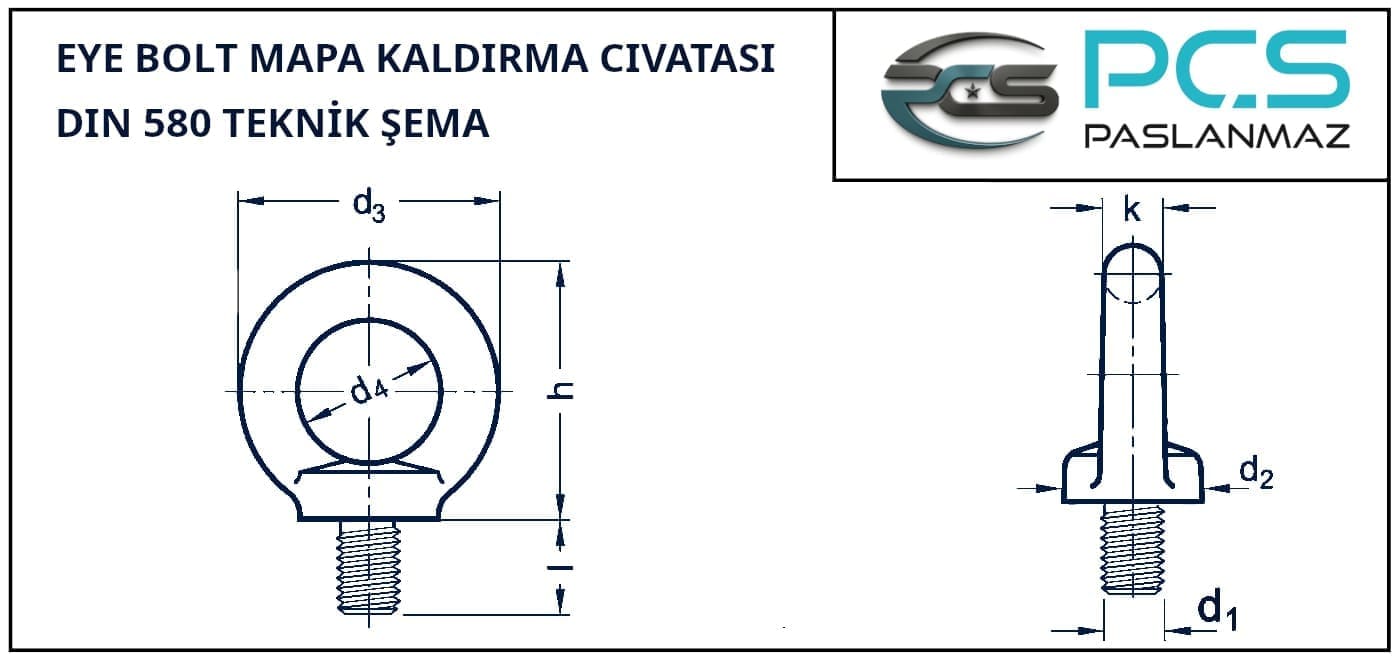 DIN 580 Paslanmaz çelik 316 kalite (A4) Aybolt Mapa Cıvata teknik ölçüleri