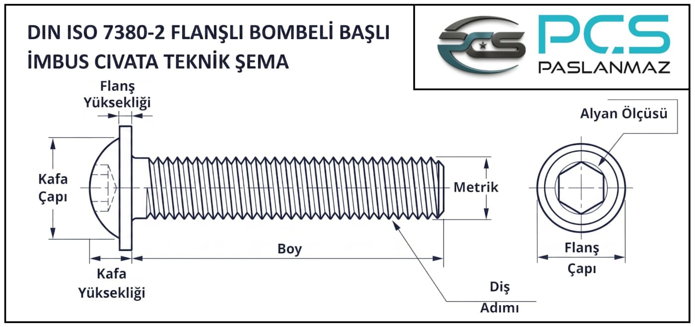 Paslanmaz çelik 304 kalite A2 DIN 7380-2 mercimek bombe başlı pullu (flanşlı) imbus alyan cıvata ölçüleri teknik şeması