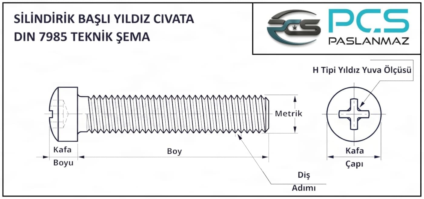 Paslanmaz çelik 304 kalite A2 DIN 7985 yıldız silindir başlı (YSB) cıvata ölçüleri teknik şeması