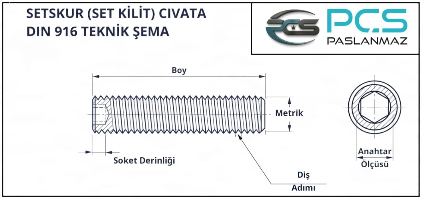 Paslanmaz çelik 304 kalite A2 DIN 916 oyuk çanak uçlu alyan setskur vida ölçüleri teknik şeması