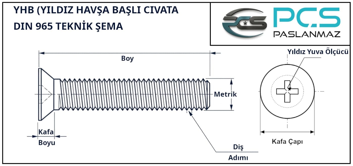 Paslanmaz çelik 304 kalite A2 DIN 965 yıldız havşa başlı (YHB) cıvata ölçüleri teknik şeması