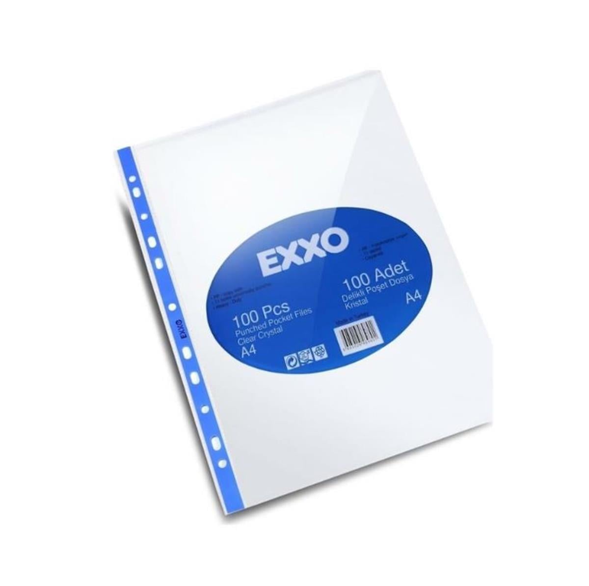 Exxo Kristal Delikli Poşet Dosya Mavi Şeritli A4 90 Mikron 100 Adet