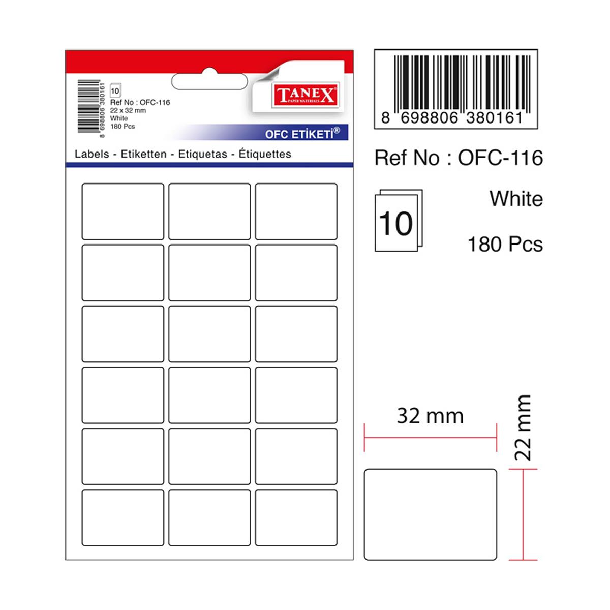 TANEX OFC-116 OFİS ETİKETİ 22X32 BEYAZ 10Lu Paket/TL