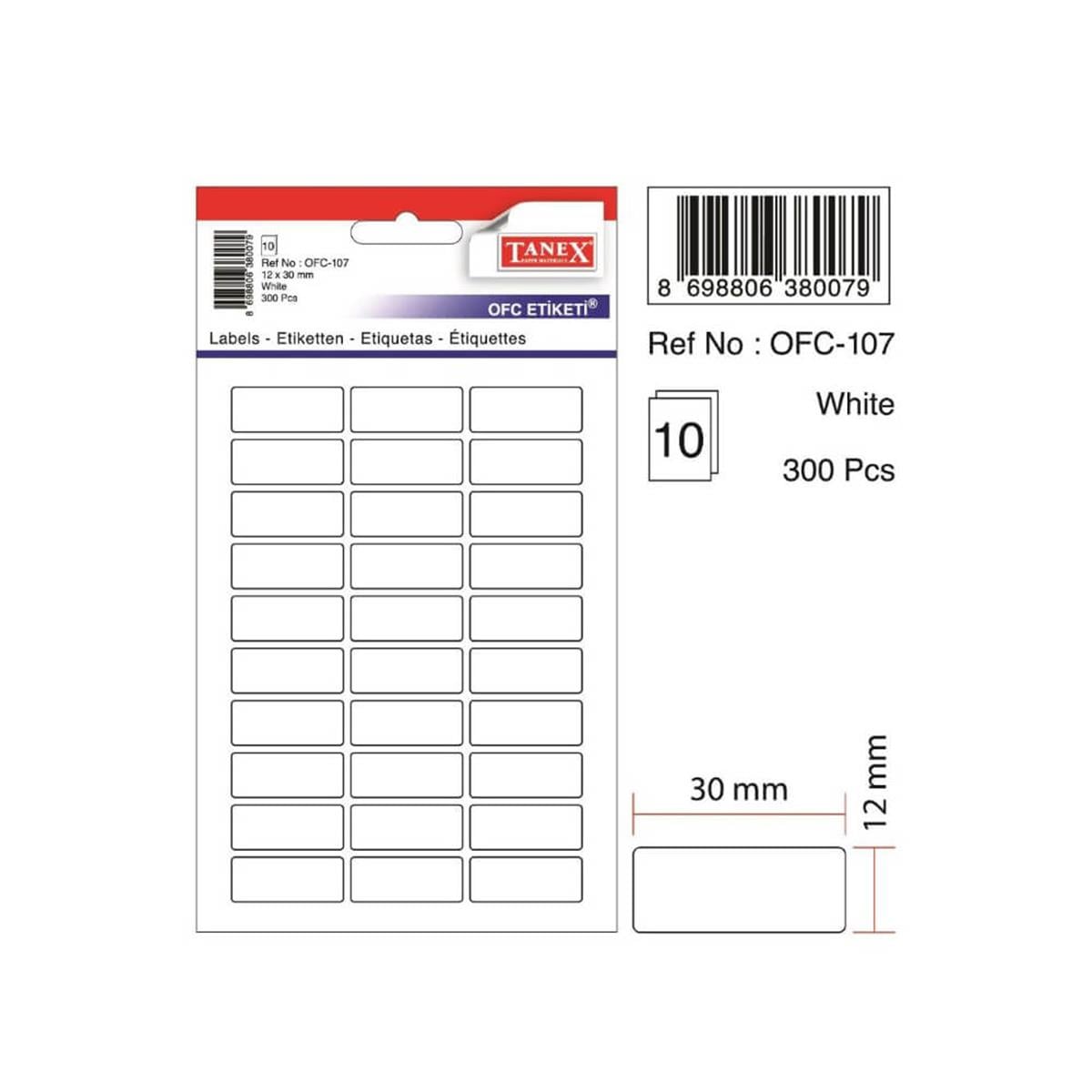 Tanex Ofis Etiketi Poşetli 12x30 MM Beyaz OFC-107