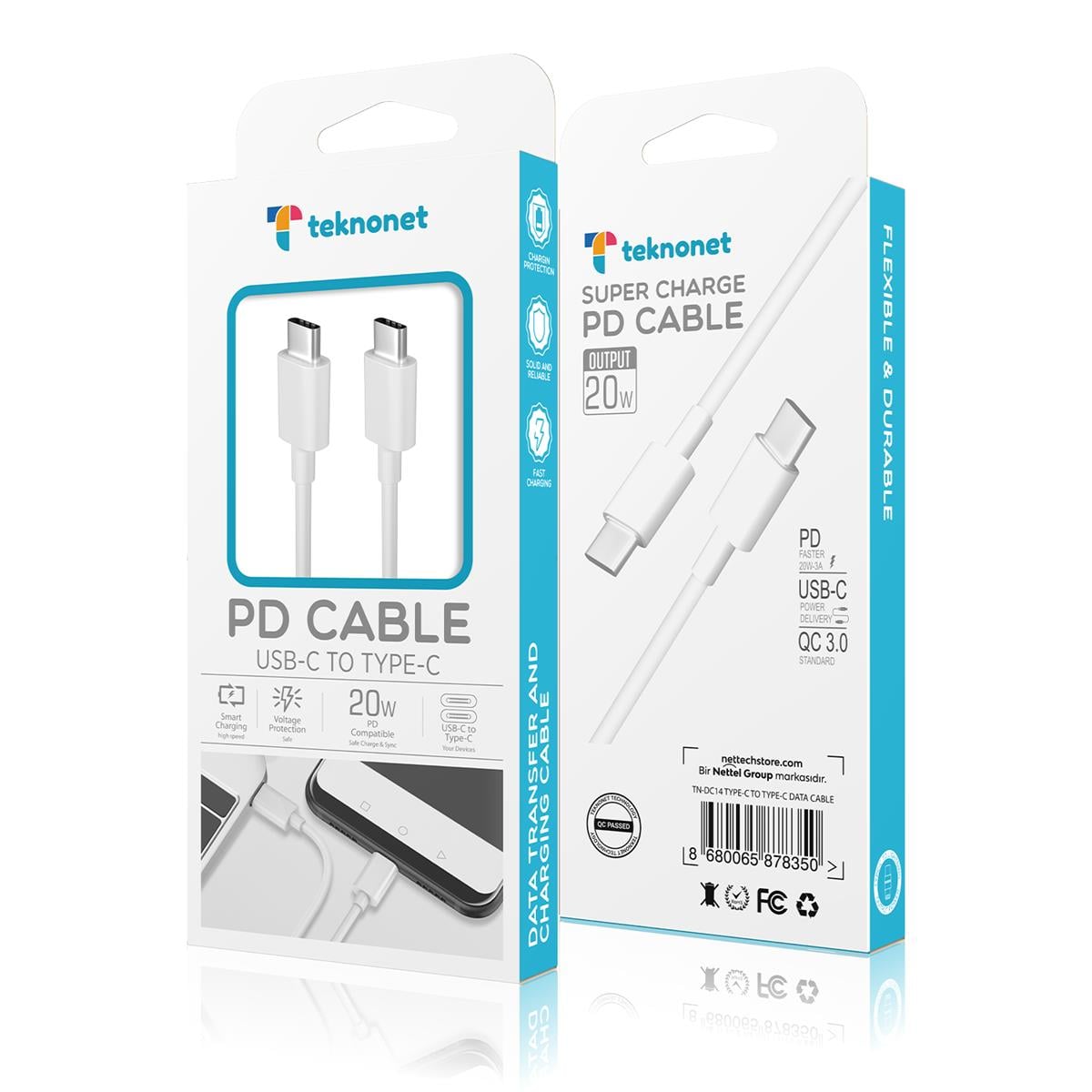 Teknonet TN-DC14 PD 20W QC3.0A Plastik 100 Cm Type-C Şarj ve Data Kablosu (Beyaz)