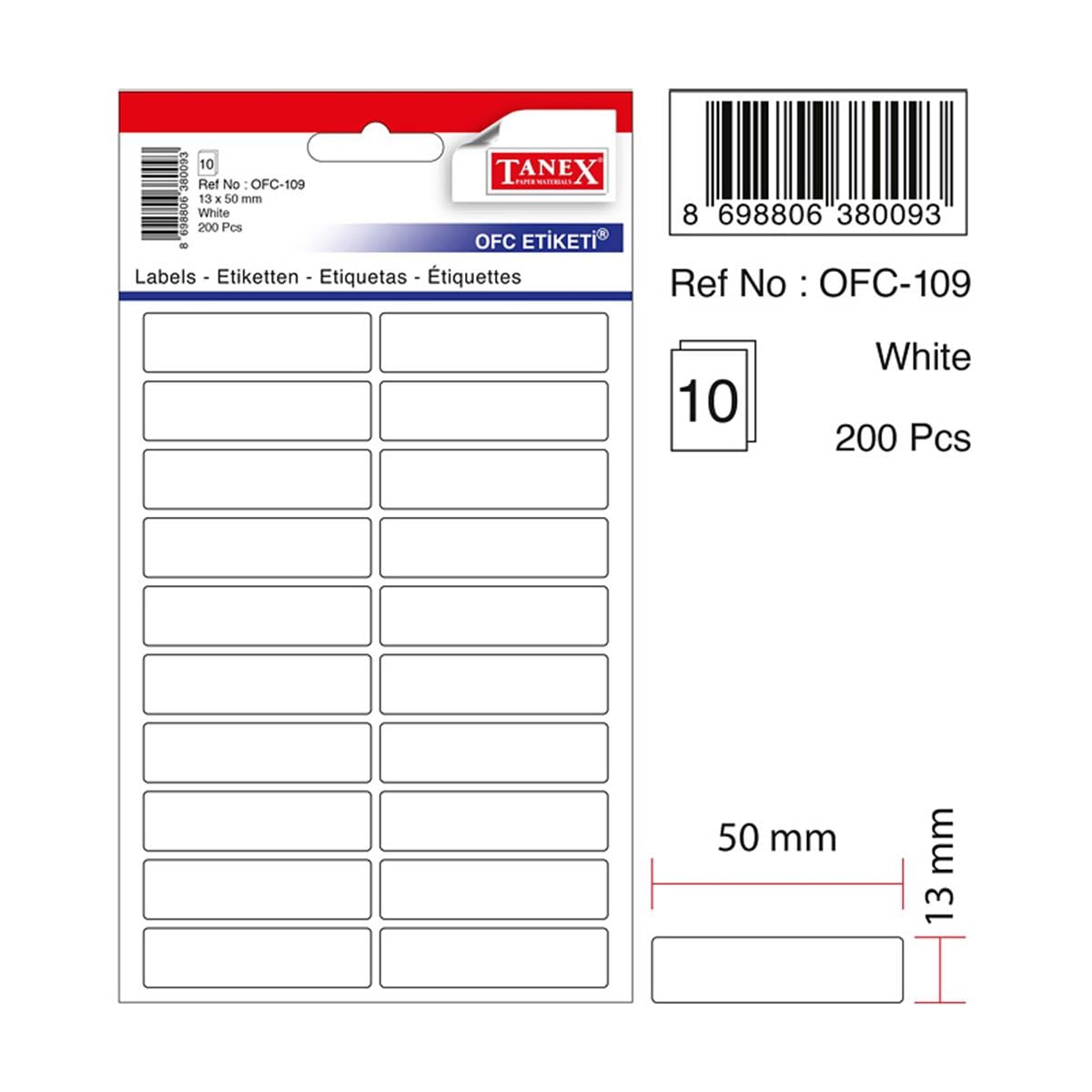 Tanex Ofis Etiketi Poşetli 13x50 MM Beyaz OFC-109