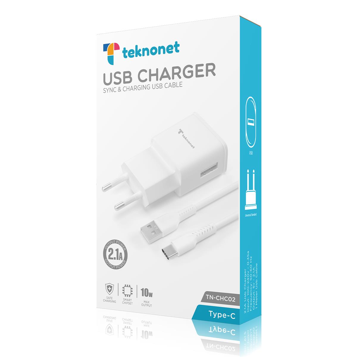 Teknonet TN-CHC02 1 Çıkışlı 2100 mAh Type-C Kablo + Şarj Aleti (Kablo Dahil)