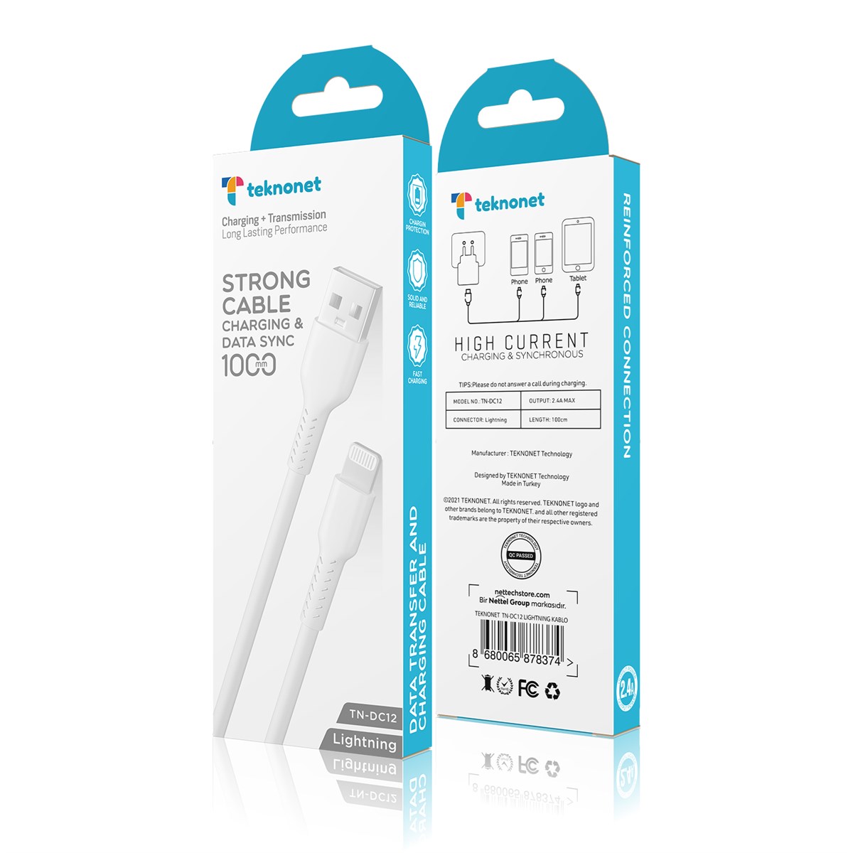 Teknonet TN-DC12 2.4A Plastik 100 Cm Lightning Şarj ve Data Kablosu