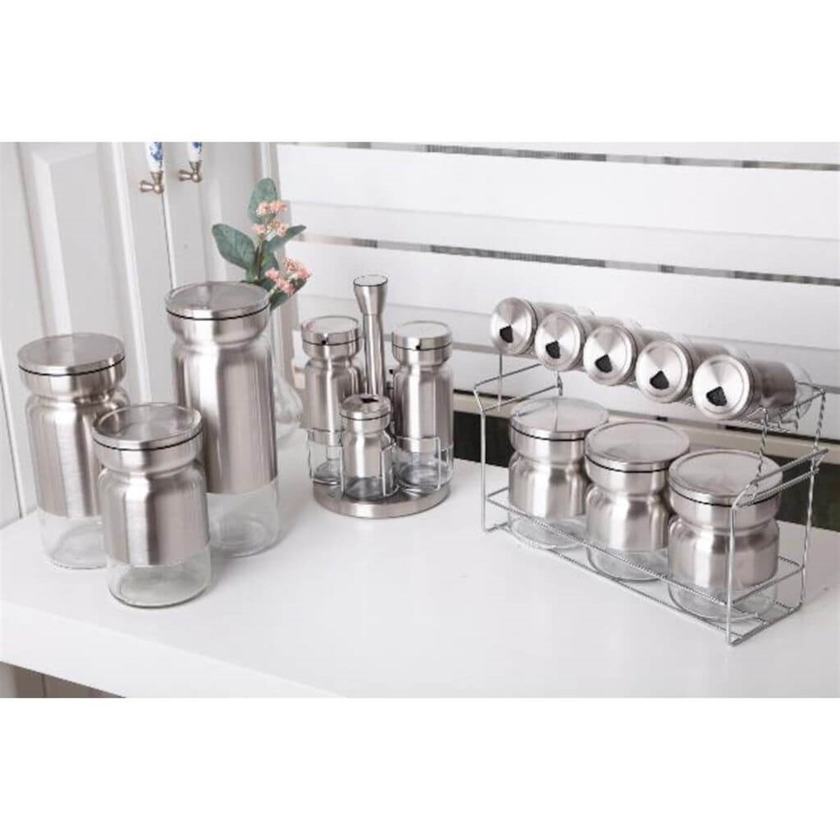 17 Parça Cam Baharat ve Yağlık Sirkelik Seti İNOX VBL-2118GönülBaharatlık
