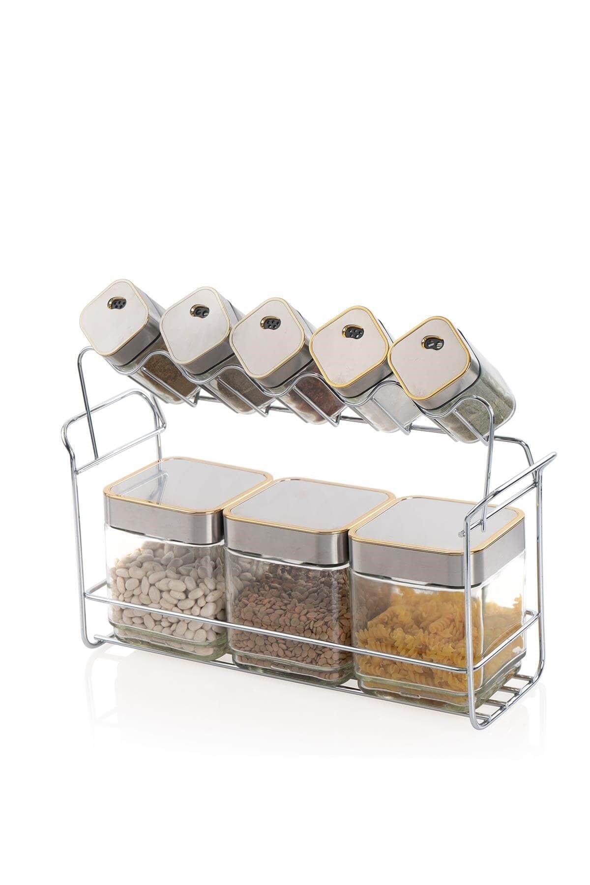 Acar Home Alya 8'Li Metal Standlı Kare Cam Kavanoz Baharat Seti SilverAcarBaharatlık