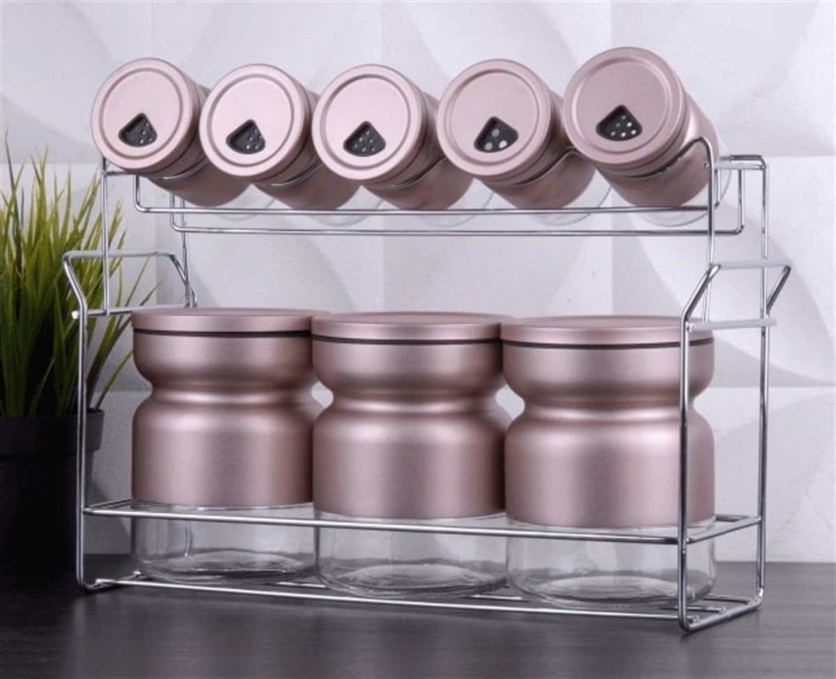 Cam 8'li Baharat Seti Rose GoldPinkevKavanoz & Saklama Kabı