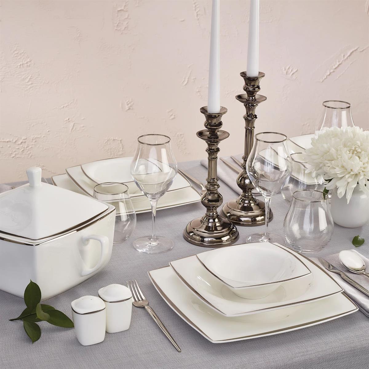 Karaca Fine Pearl Agate Platin 62 Parça 12 Kişilik Yemek Takımı KareKaraca12 Kişilik Yemek Takımı