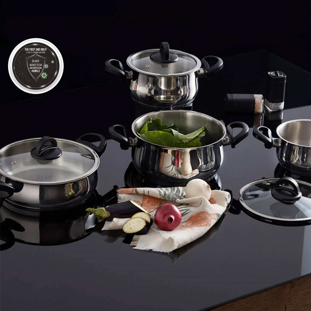 Karaca Florya 8 Parça Siyah Antibakteriyel Kulplu Çelik Tencere SetKaracaTencere & Tencere Seti