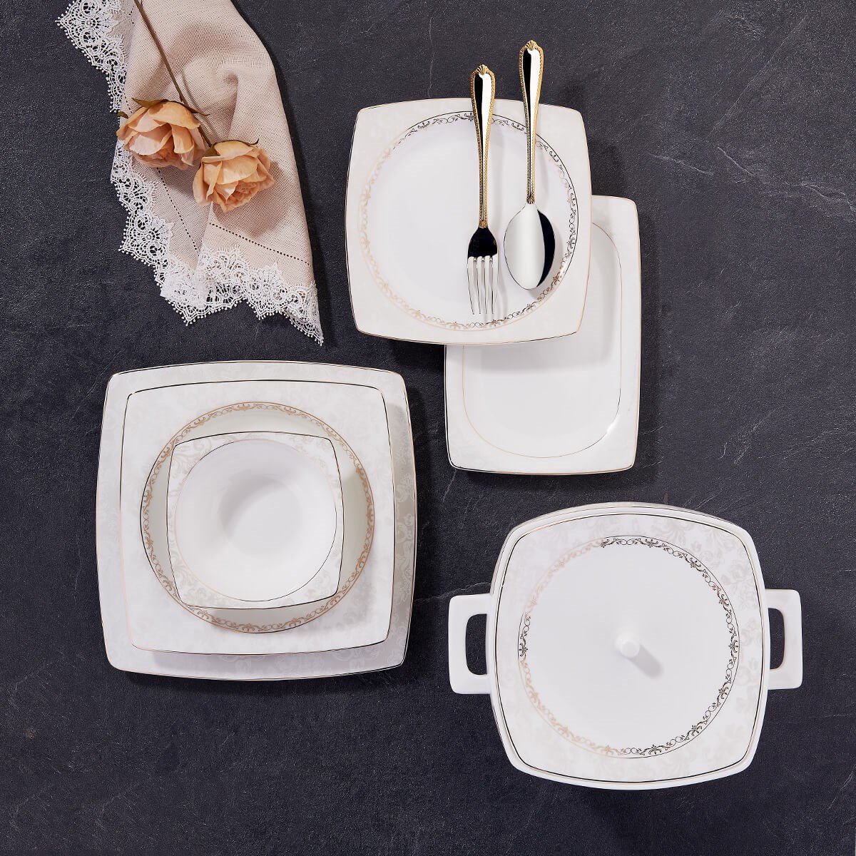 Korkmaz Bone Selection 60 Parça Kare Yemek Takımı A8429Korkmaz12 Kişilik Yemek Takımı