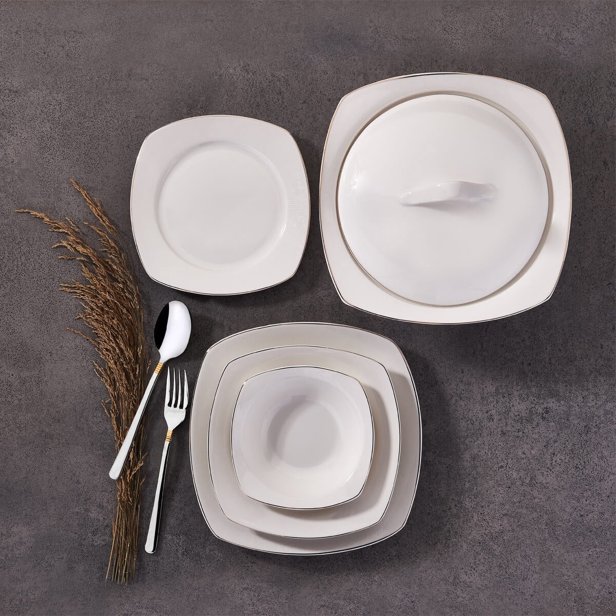 Korkmaz Mona Collection 60 Parça Kare Yemek Takımı A8124Korkmaz12 Kişilik Yemek Takımı