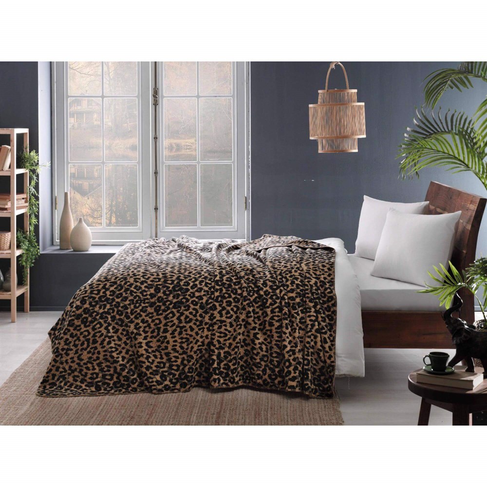 Taç Pamuk Battaniye Leopar Siyah Tek Kişilik