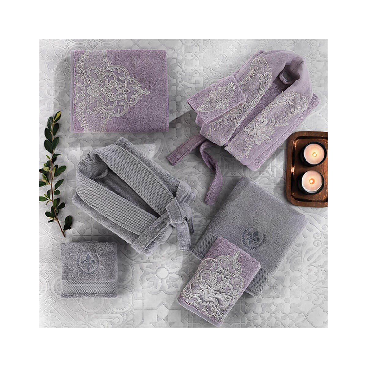 Zebra Casa Empoli (Gri-Mürdüm) Dantelli Bambu Aile Bornoz SetiZebra CasaAile Bornoz Seti