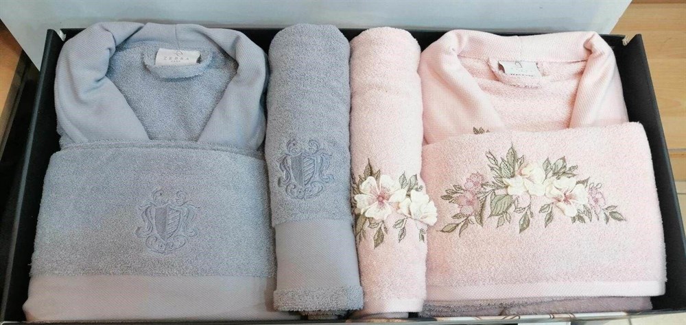 Zebra Casa Jasmin 3d Baskılı Dantelli Bambu Bornoz Takımı Pudra Gri