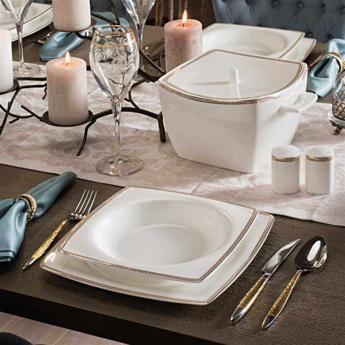 Korkmaz Bone Selection 60 Parça Kare Yemek Takımı A8432Korkmaz12 Kişilik Yemek Takımı